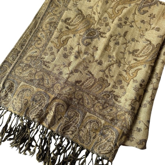 Pashmina Oversized Silk-Blend Scarf, Tan and Brown - Picture 3 of 6